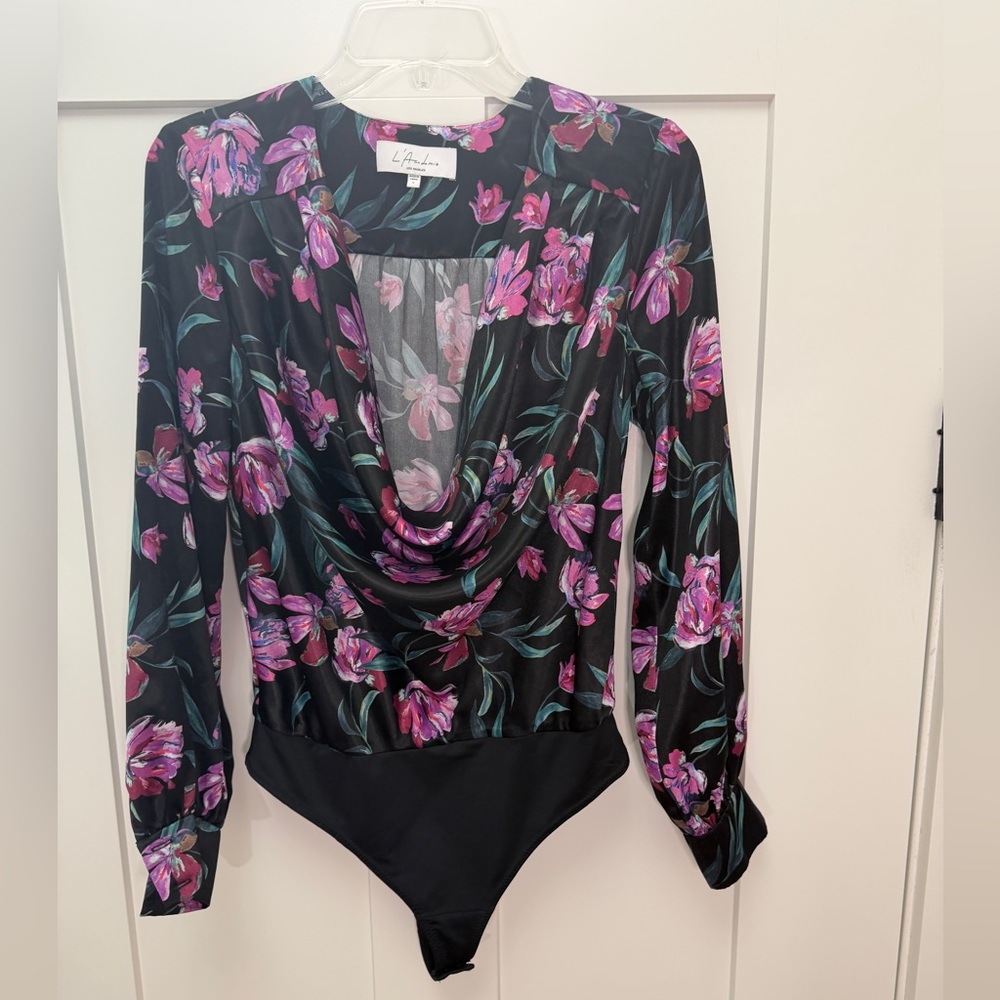 L'Academie Black and Pink Floral Bodysuit